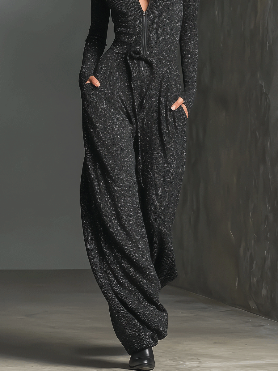 Women's Elegant Knit Sparkling Zipper Front Jumpsuit MDA2560G5I