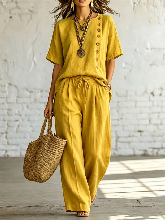 Women's Loose & Slimming Two-Piece Set: Side-Button Short-Sleeve Top and Wide-Leg Pants