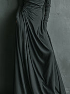 Women's Charcoal Elegant Stretch Polyester-Cotton Blend Turtleneck Draped Maxi Dress MDA1727J1I