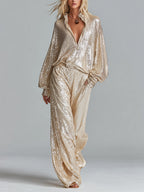 Women's Gold Glamorous Sequin Collared Half - Zip Wide - Leg Loungewear Party Set MDA2425I0I