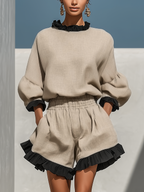 Women’s Beige Linen-Blend Contrast Ruffle Trim Long Sleeve Blouse & High-Waisted Ruffle Hem Shorts Two-Piece Set MDZ1018D0T