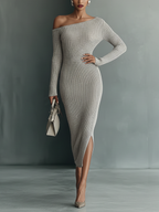 Women's Gray One-shoulder Knitted Dress MDA0233I9T