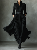Women's Black Blend Textured Pleated Vintage Maxi Dress MDA0859H8T