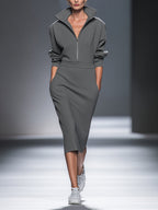 Women's Casual Cotton Polyester Half  Zip Midi Dress MDA0570H1I