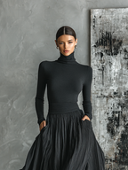 Women's Fashion All Black Skinny Turtleneck T-shirt Pleated Skirt Set MDA1366H1Y