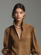 Women's Fashion Loose Suede Zipper Turtleneck Mini Dress MDA2738H7Y