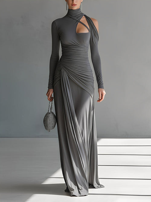 Women's Grey Silky Stretch Sophisticated Ruched Detail Cut-Out Maxi Dress MDA0546K6I