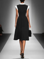 Women's Colorblock Square Neck Cap Shoulder Sleeve Waist Midi Dress MDA2447F4Y