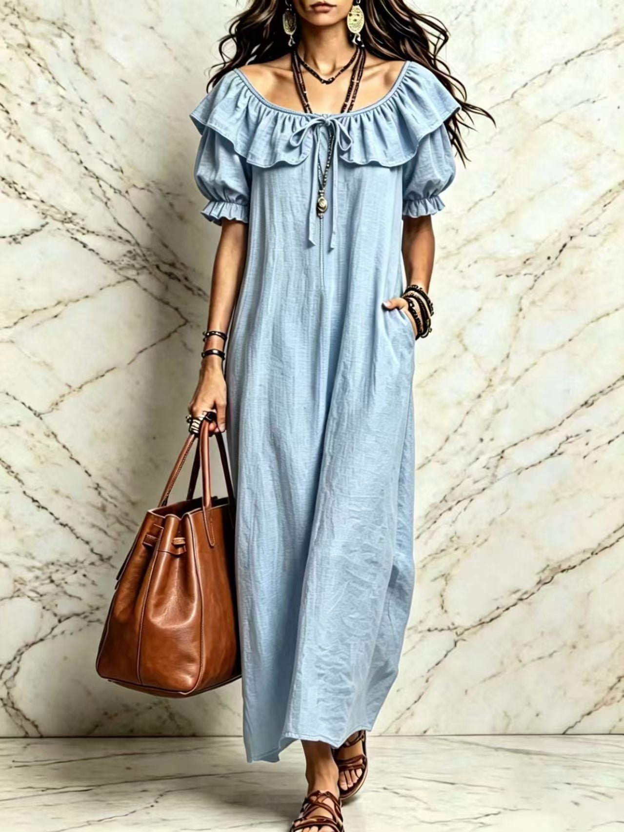 Women's Ruffle OFF Shoulder Loose Cotton-Linen Maxi Dress