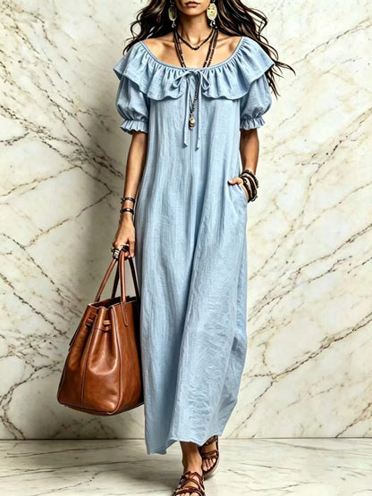 Women's Ruffle OFF Shoulder Loose Cotton-Linen Maxi Dress