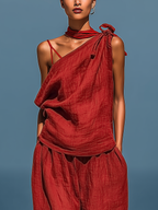 Women’s Red Linen-Blend Two-Piece Set: Asymmetrical One-Shoulder Top (Without Neck Scarf) & Wide-Leg Pants With Pockets MDZ2201D4T