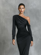 Women's Black Elegant Satin One - Shoulder Ruched Mermaid Maxi Dress MDA2278I0I