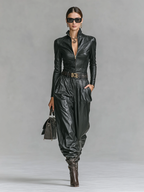 Women's Fashion PU Leather Slim Fit Zipper Stand Collar Shirt Pants Set (Without Belt)MDA2743H0Y