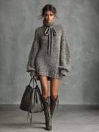Women's Minimalist Loose Knitted High Neck Bow Tie Mini Dress MDA1696I0Y