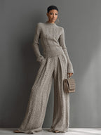 Women's Taupe Elegant Knit Textured Sweater & Wide - Leg Pants Set MDA1453H6I