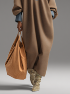 Women's Brown Double-Sided Brushing and Blue Denim Stand Collar Loose-Fitting Long Dress MDA0366K1T