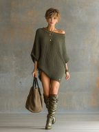 Women's Knit Loose Large Round Neck Batwing Sleeve Mini Dress MDA1695I0Y