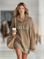 Women's Loose Letter Jacquard Zipper Lapel Mini Knit Dress MDA1869I5Y