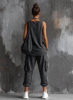 Women's Casual Style Dark Gray Cotton Blend Sleeveless Top + Jogger Cargo Pants Set MDZ2365D7GMJ