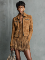 Women's Fashion Cropped Suede Lapel Zipper Jacket MDA2545H7Y
