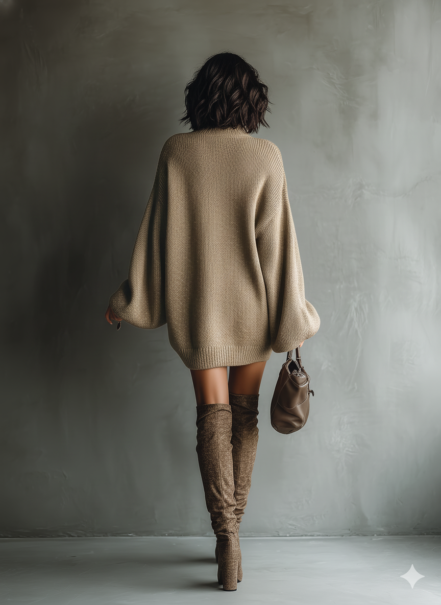 Women's Caramel Brown Vintage Style Knit Mini Dress MDA2367I6T