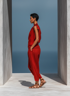 Women’s Red Linen-Blend Two-Piece Set: Asymmetrical One-Shoulder Top (Without Neck Scarf) & Wide-Leg Pants With Pockets MDZ2201D4T
