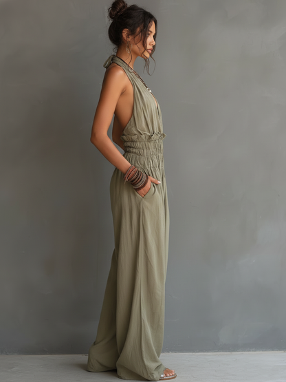 Women's Minimalist Halter-Neck V-Neck Sleeveless Waist-Cinching Jumpsuit MDZ2904D2Y