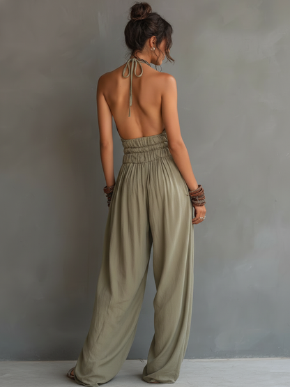 Women's Minimalist Halter-Neck V-Neck Sleeveless Waist-Cinching Jumpsuit MDZ2904D2Y
