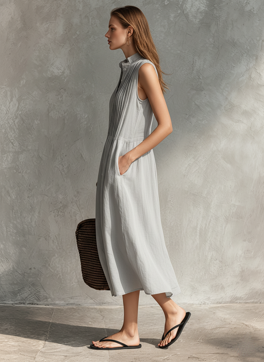 Women's Casual Grey Cotton-Linen Sleeveless Midi Dress With Round Neck MDZ2549D5LXY