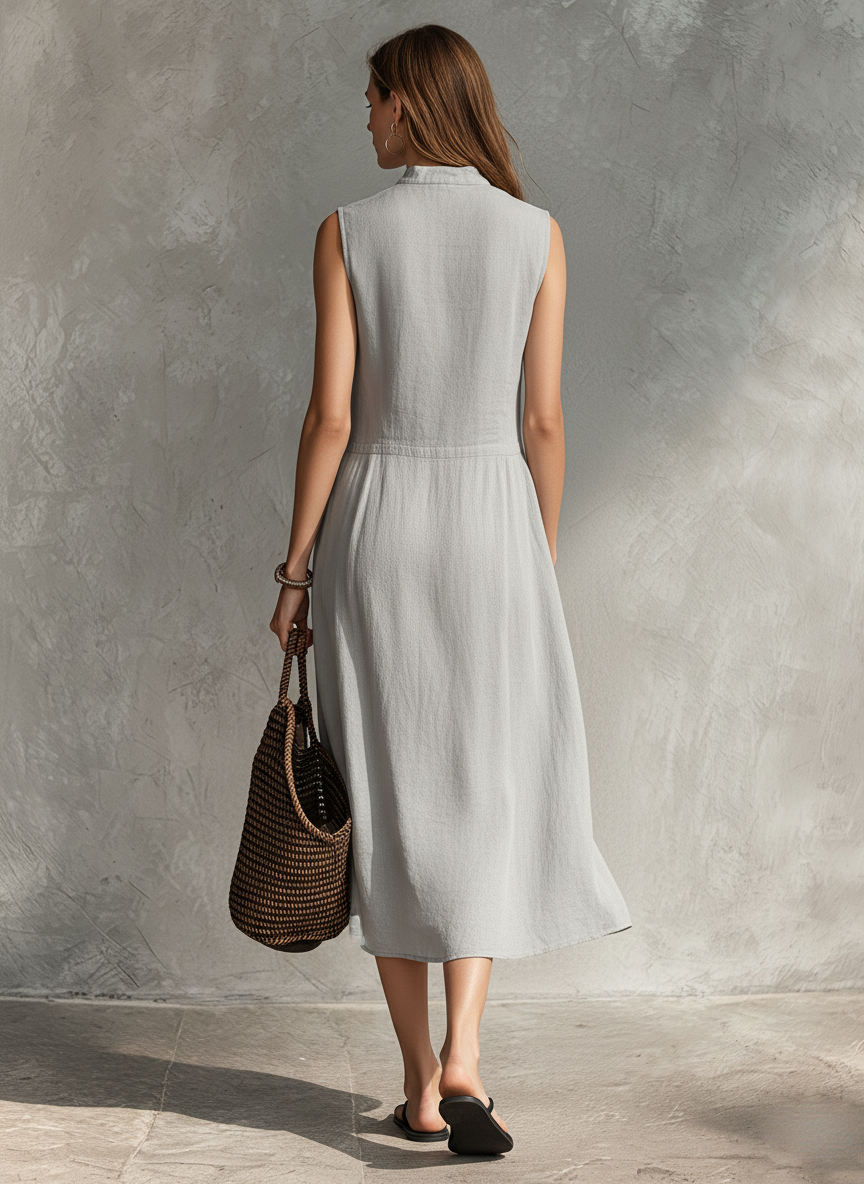 Women's Casual Grey Cotton-Linen Sleeveless Midi Dress With Round Neck MDZ2549D5LXY