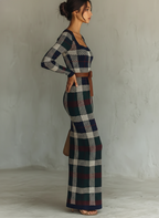 Women's Minimalist Check Knit Belted Square Neck Maxi Dress MDA2984J0Y