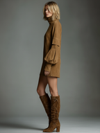 Women's Vintage Loose Suede Turtleneck Mini Dress MDA1693H3Y