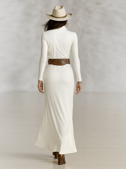 Women's Lapel Long Sleeve Waist-tightening Maxi Dress (without Belt)MDA2480G9Y