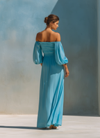 Women’s Sky Blue Off-the-Shoulder Puff Sleeve Smocked Waist High Slit Maxi Dress With Pockets MDZ2191D7T