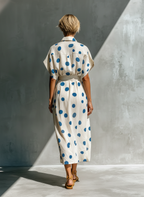 Women’s Off-White Linen-Blend Polka Dot Shirt Dress With Waist Cincher & Pockets MDZ2481D3T