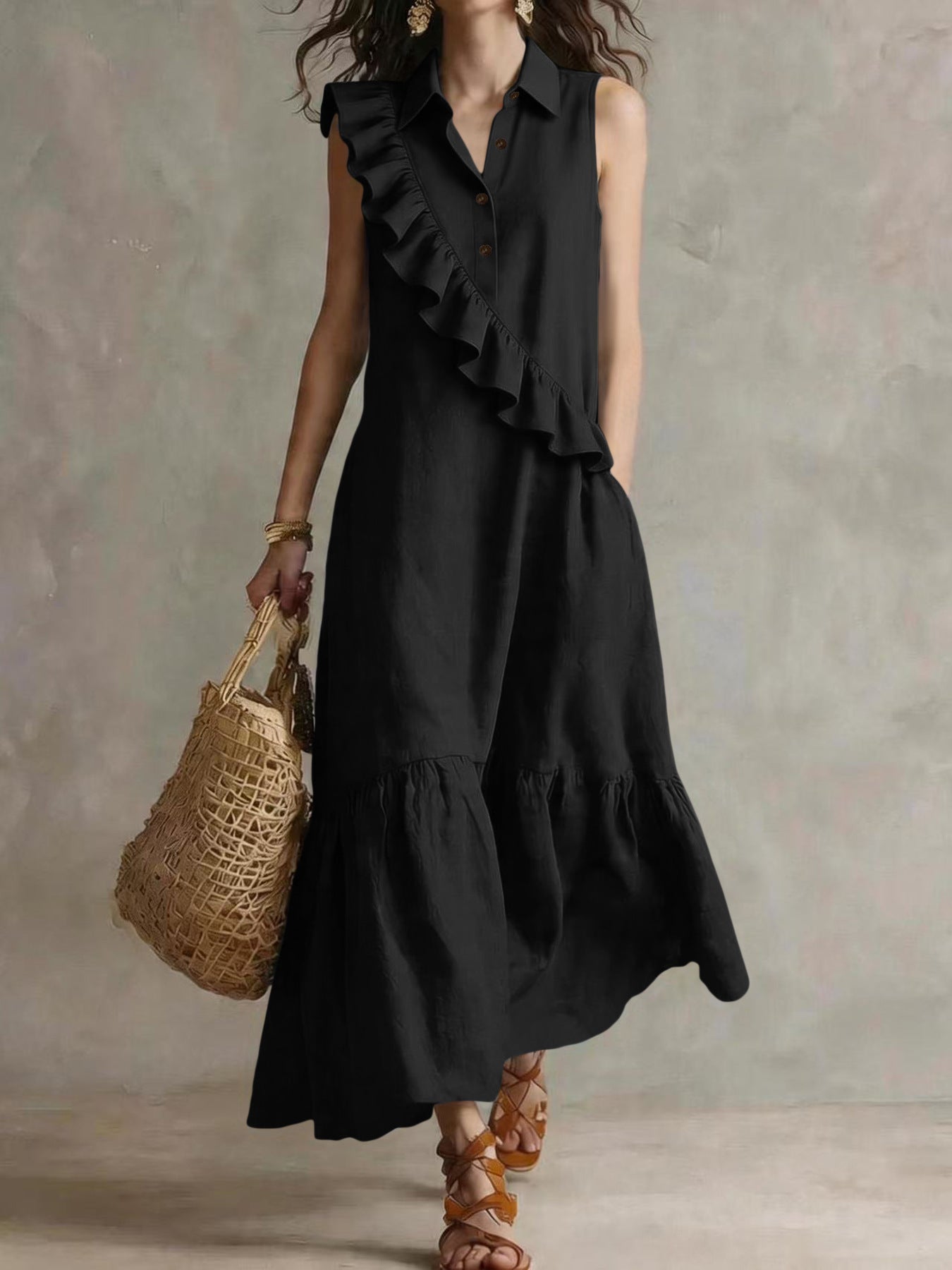 Retro Sleeveless Polo-Collar Ruffled Linen Maxi Dress