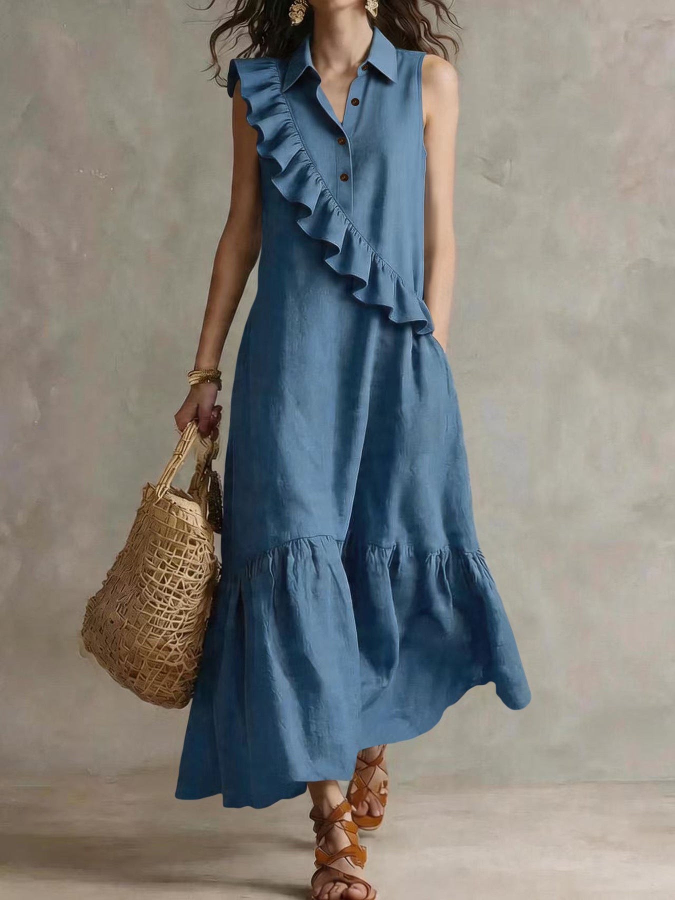 Retro Sleeveless Polo-Collar Ruffled Linen Maxi Dress