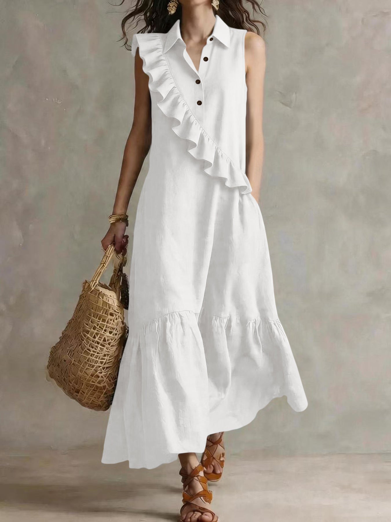 Retro Sleeveless Polo-Collar Ruffled Linen Maxi Dress