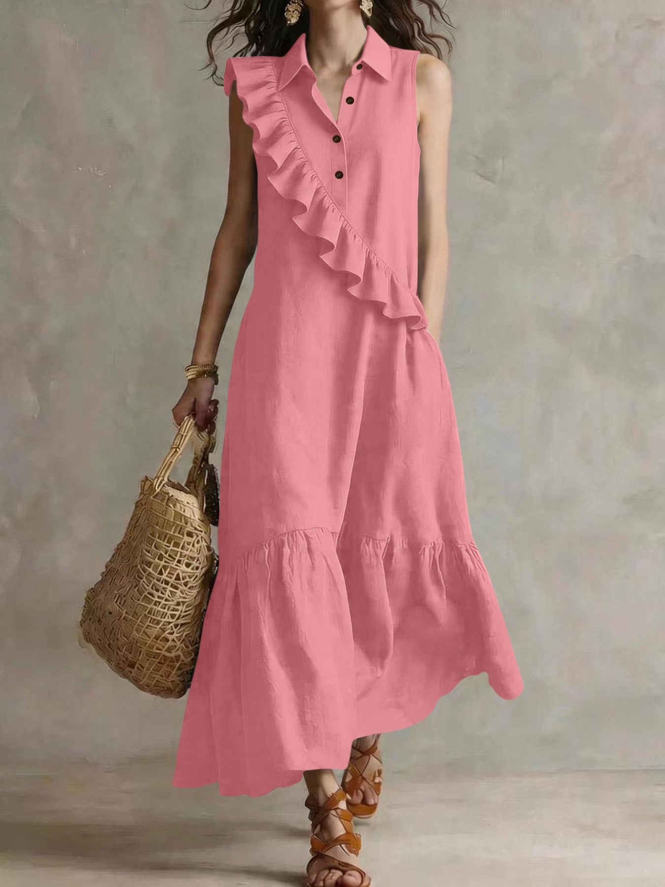 Retro Sleeveless Polo-Collar Ruffled Linen Maxi Dress