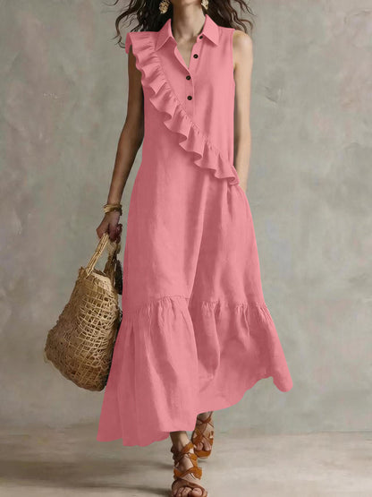 Retro Sleeveless Polo-Collar Ruffled Linen Maxi Dress