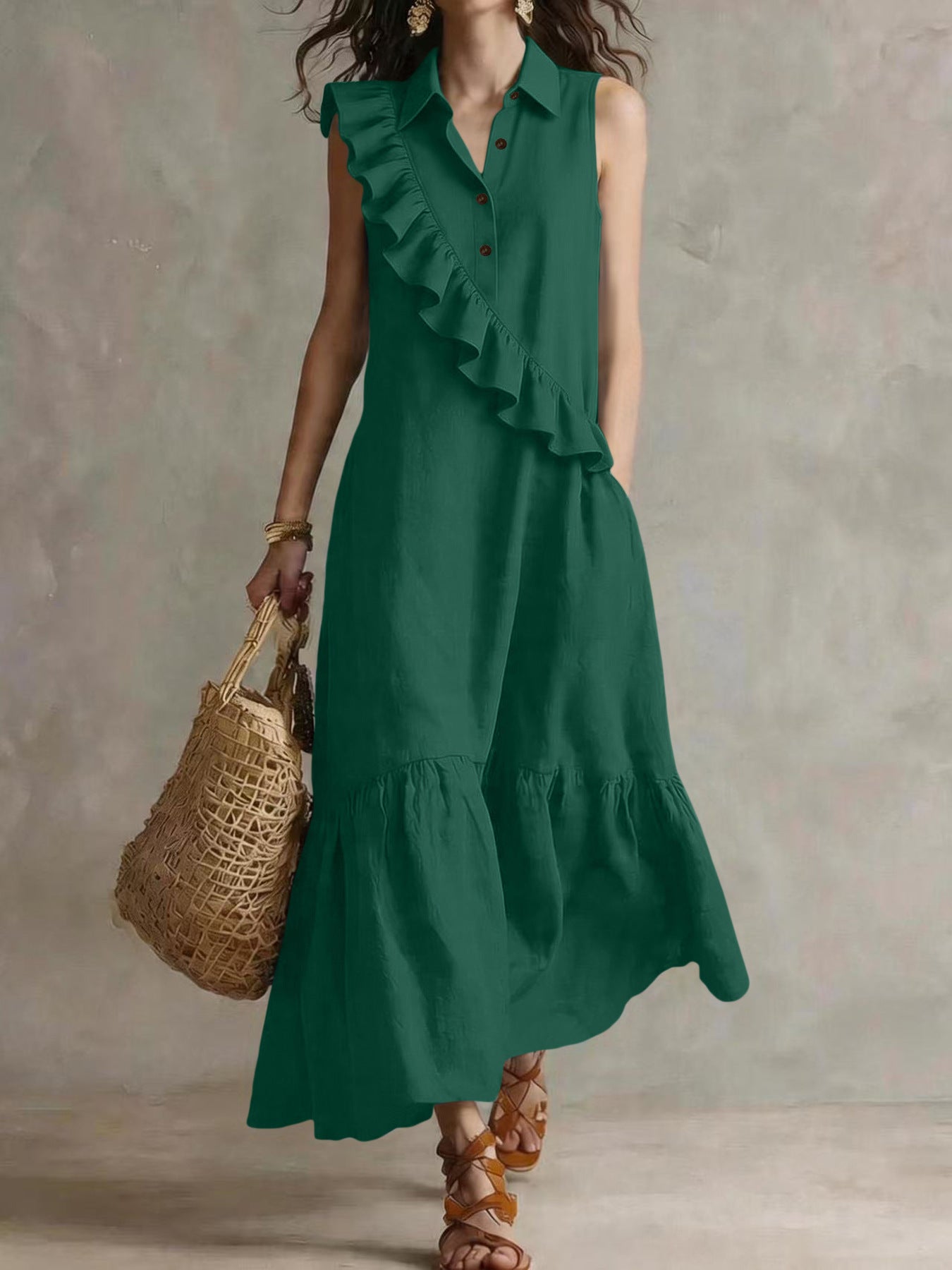 Retro Sleeveless Polo-Collar Ruffled Linen Maxi Dress