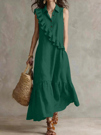 Retro Sleeveless Polo-Collar Ruffled Linen Maxi Dress