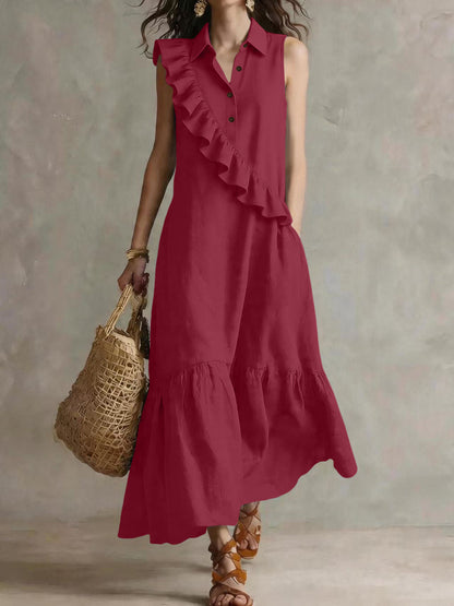 Retro Sleeveless Polo-Collar Ruffled Linen Maxi Dress