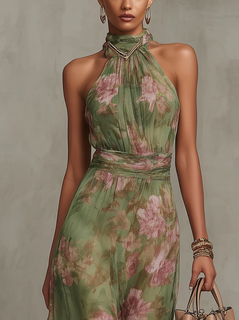 Floral Chiffon Halter Maxi Dress