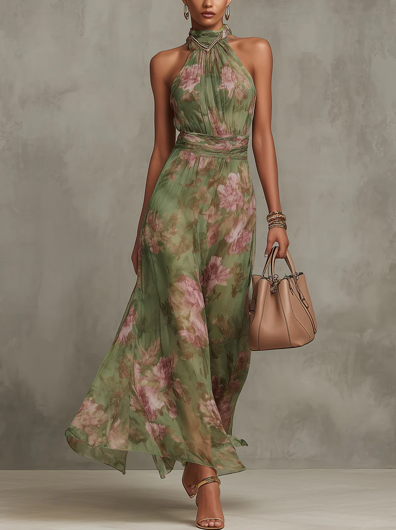 Floral Chiffon Halter Maxi Dress