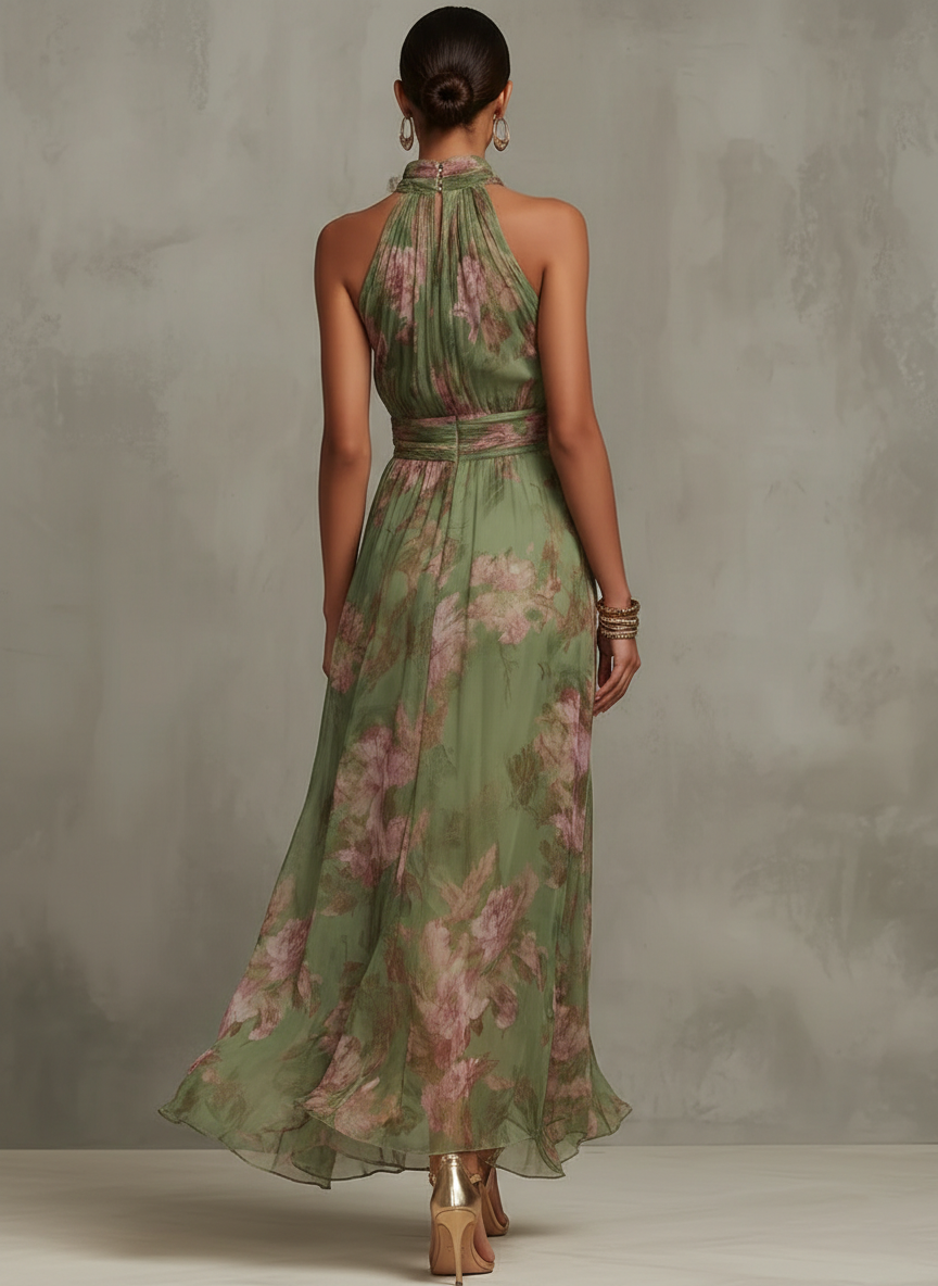 Floral Chiffon Halter Maxi Dress