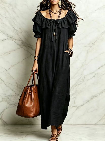 Women's Ruffle OFF Shoulder Loose Cotton-Linen Maxi Dress