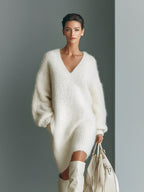 Women's White Elegant V - Neck Mini Sweater Dress MDA1331J0I