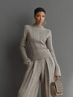 Women's Taupe Elegant Knit Textured Sweater & Wide - Leg Pants Set MDA1453H6I