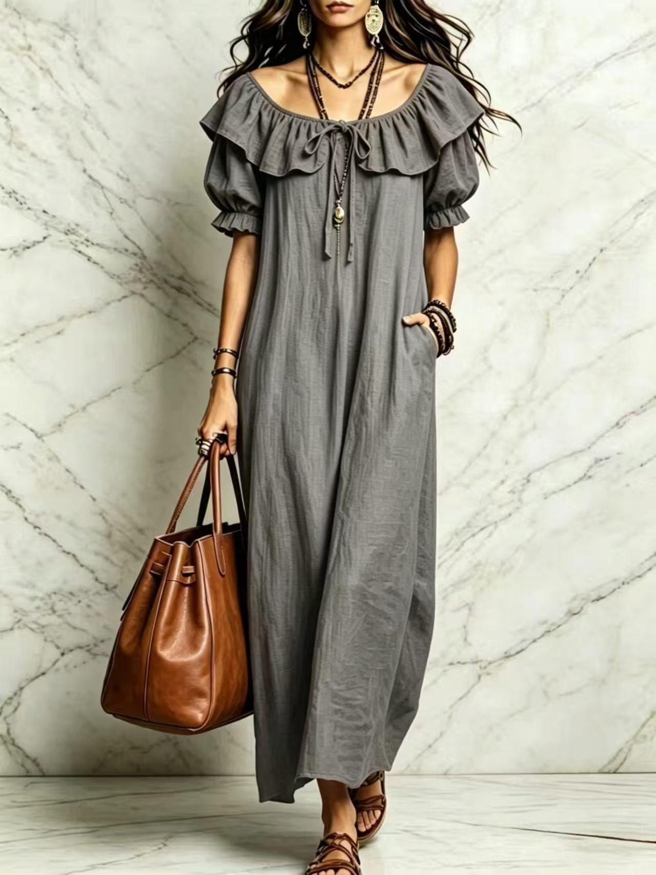 Women's Ruffle OFF Shoulder Loose Cotton-Linen Maxi Dress